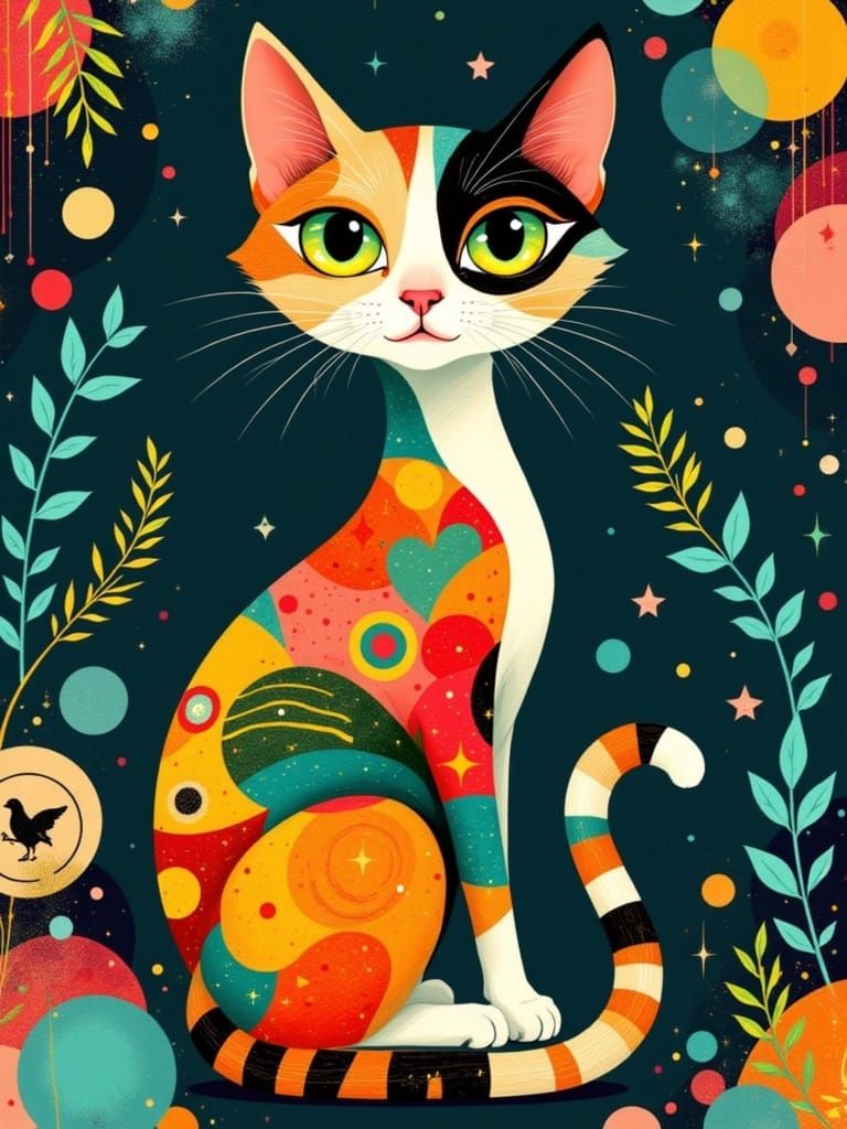 Whimsical Cat in Vibrant Abstract Harmony