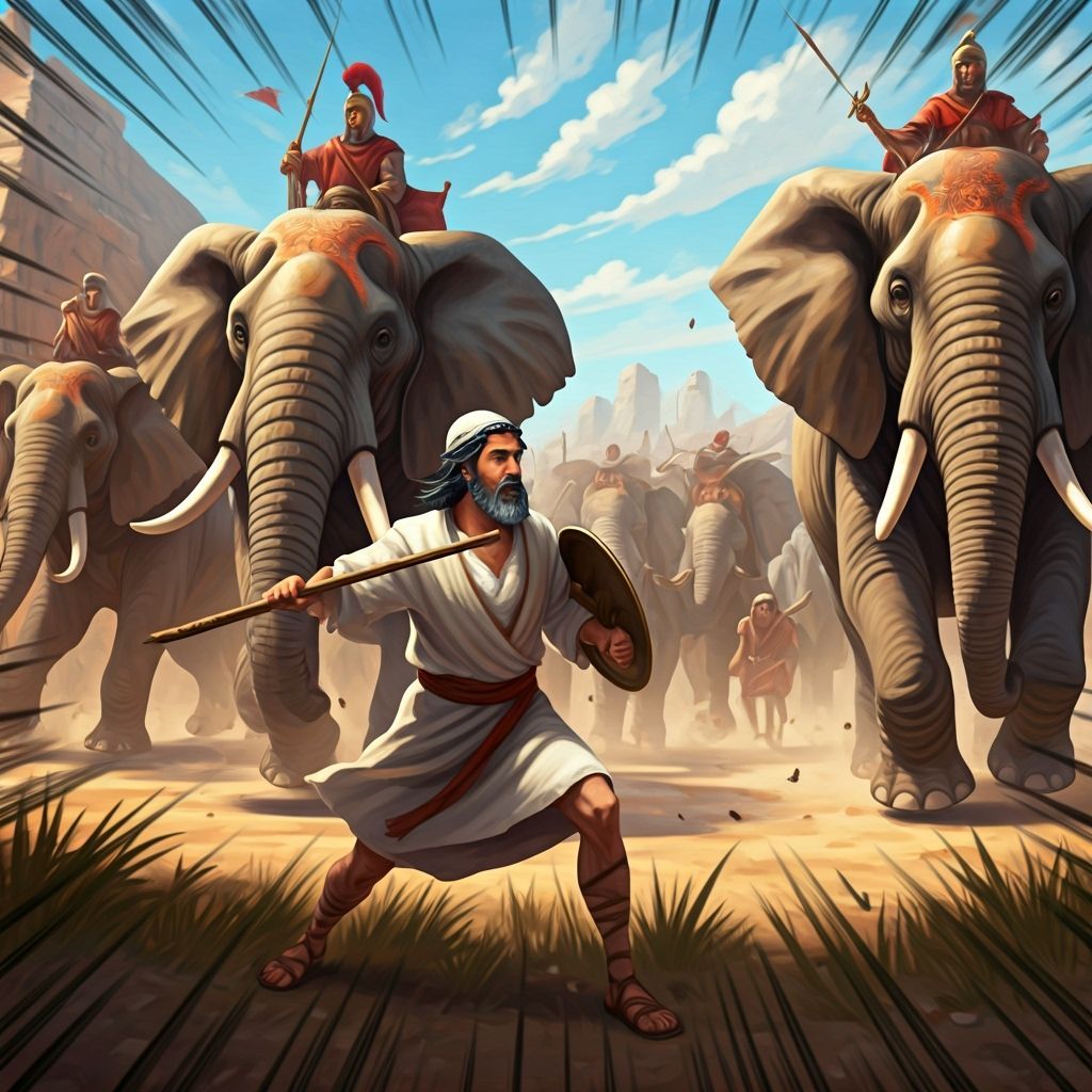 Ancient Jewish Warrior Scares Elephants in Anime Style