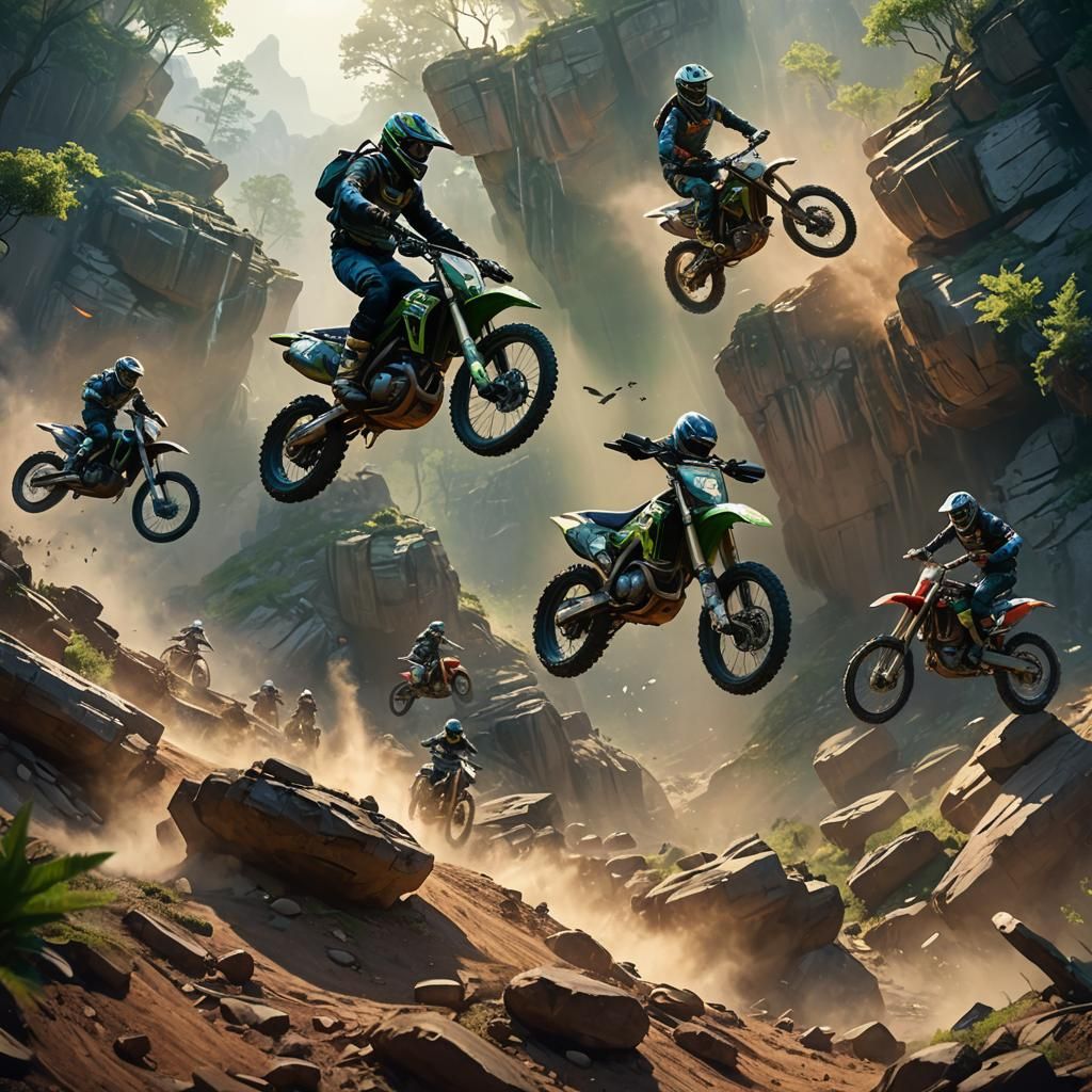 Dirt Bikes Soaring in Fantasy Landscape Concept Art