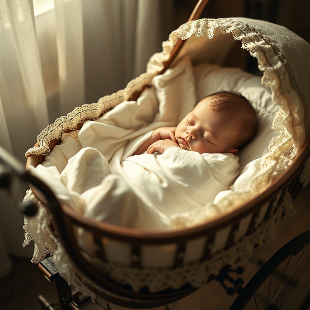 Serene Sleeping Baby in Vintage Pram, Impressionist Style