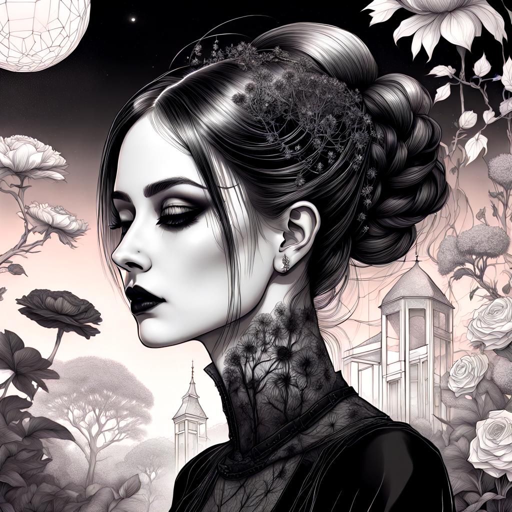 Elegant Goth Girl in Ethereal Garden: Visionary Art