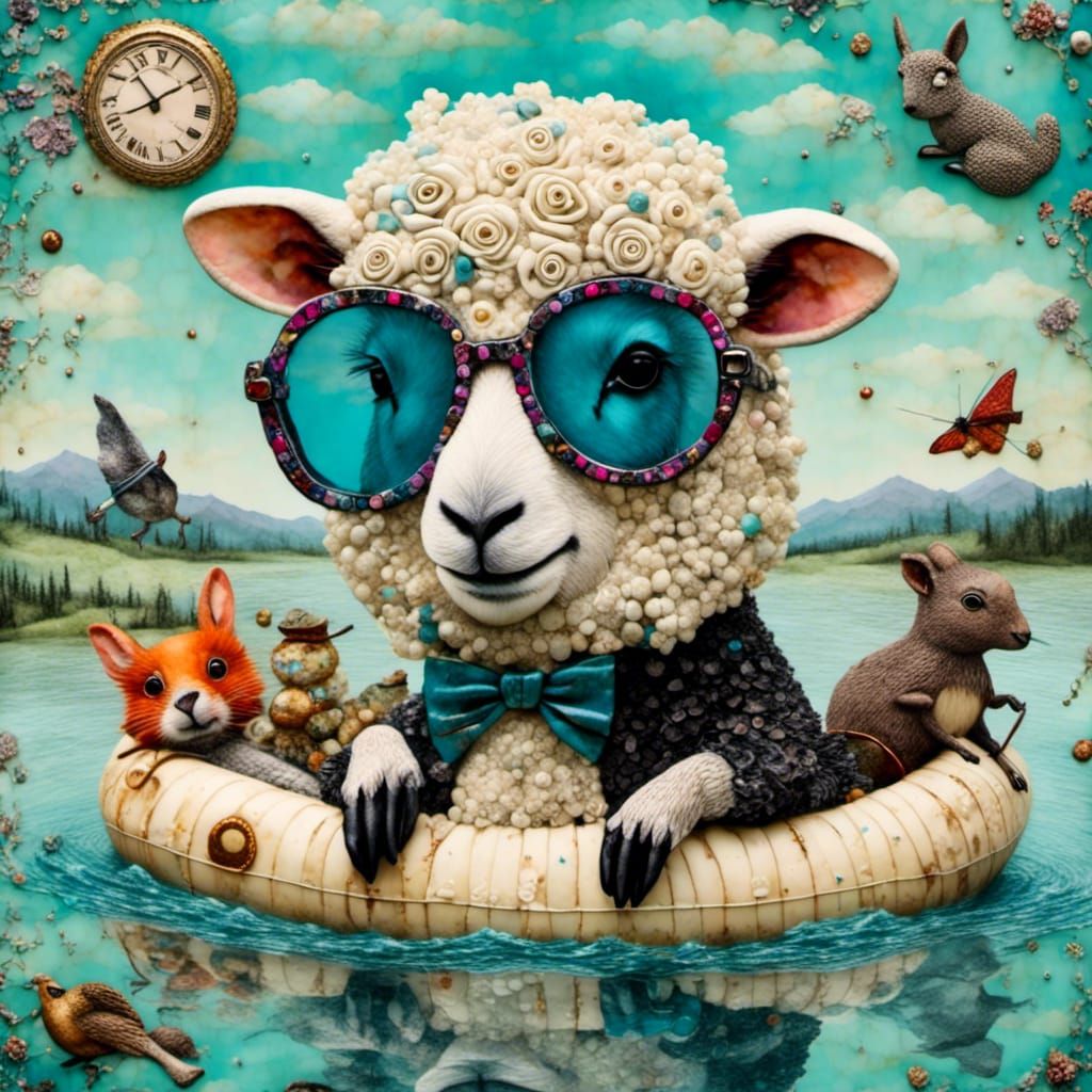 Whimsical River Trip: Sheep and Squirrel Collage