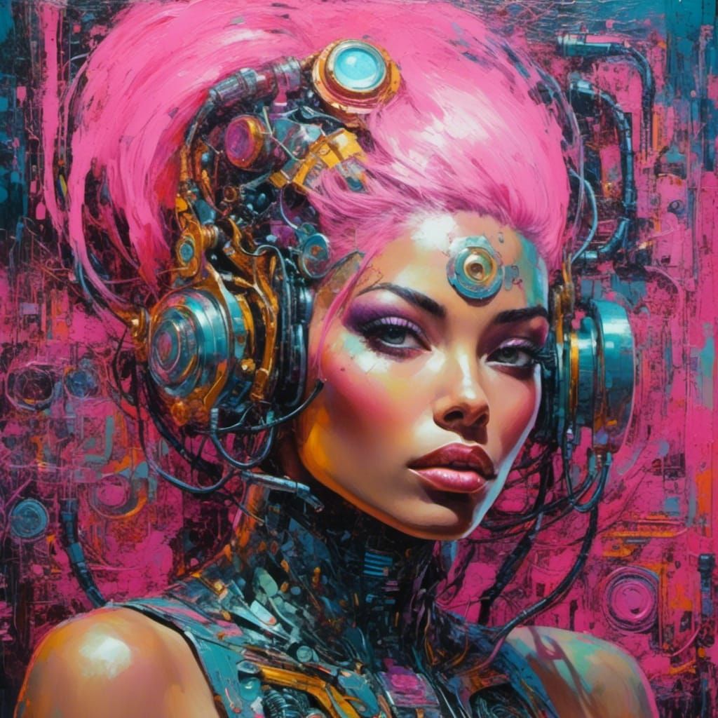 Neon Cyborg Woman with Collage Motherboard Background