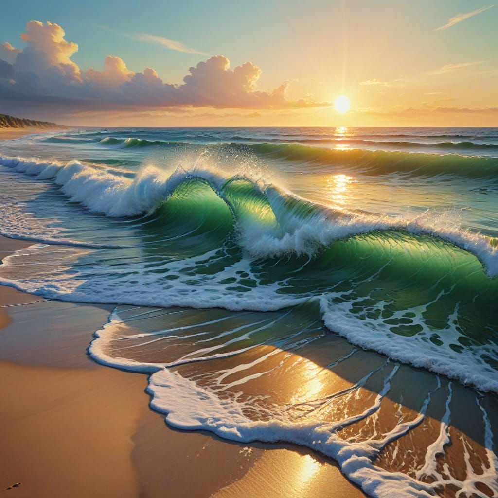 Vibrant Oil Painting of Waves Crashing on a Serene Beach