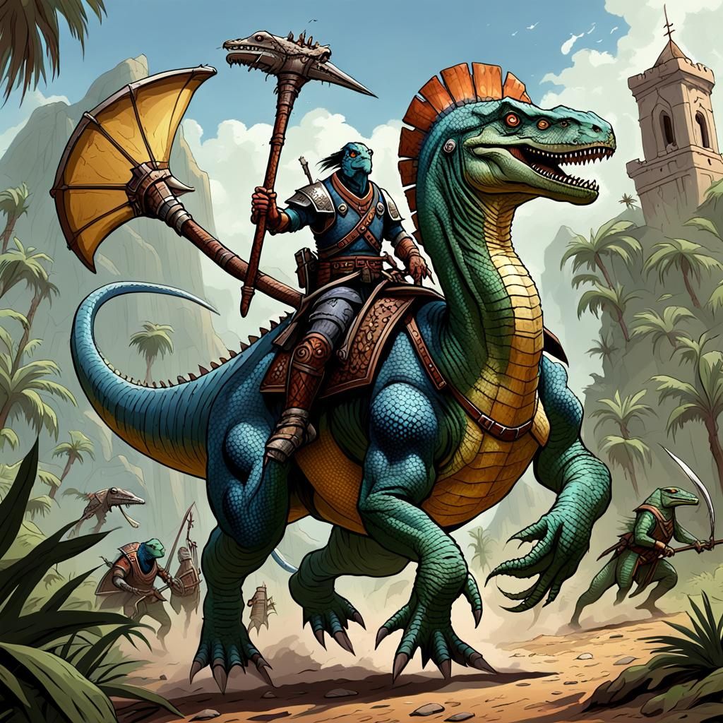 Lizard Folk Riding Hadrosaurus in Pathfinder Style