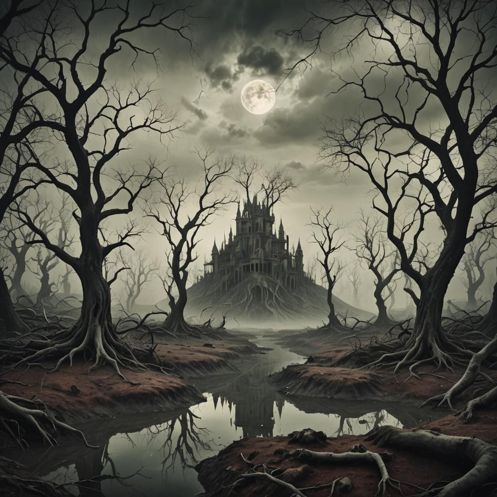 Surreal Horror Landscape Under Full Moon