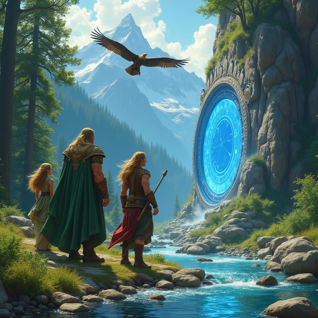 Mystical Questers Stand Before a Glowing Portal Amidst a Ser...
