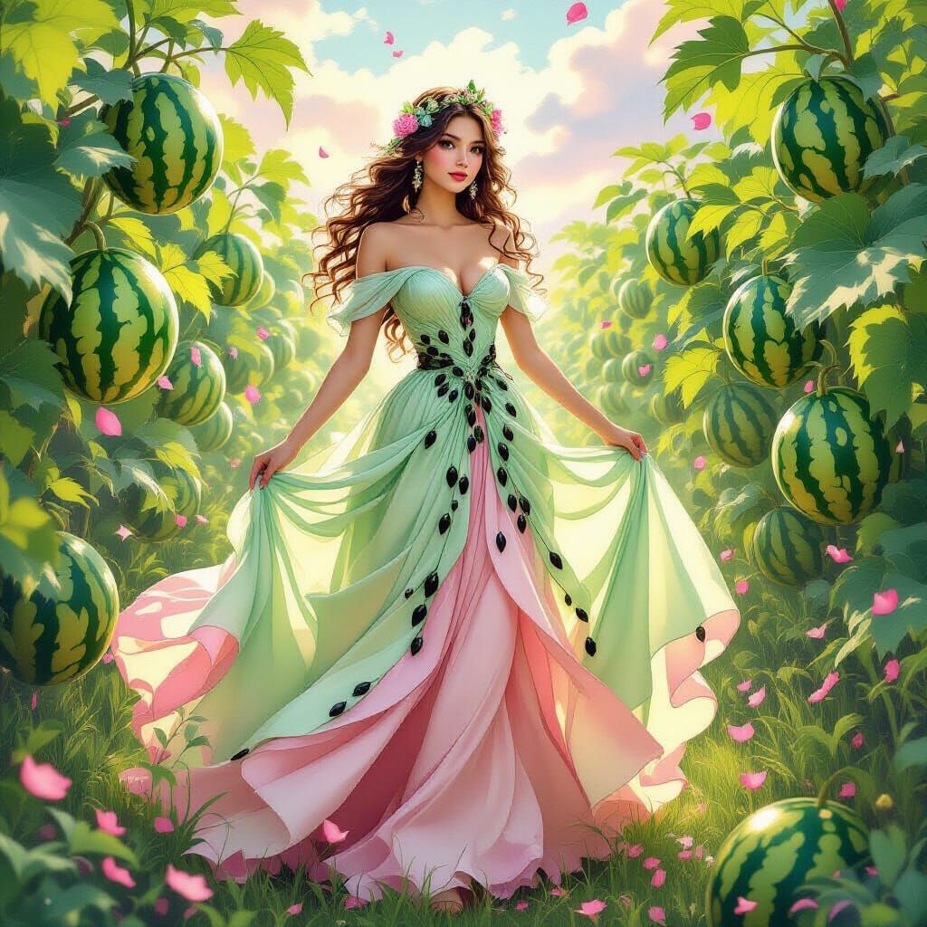 Watermelon Princess in Magical Garden, Hyper-Realistic Fanta...