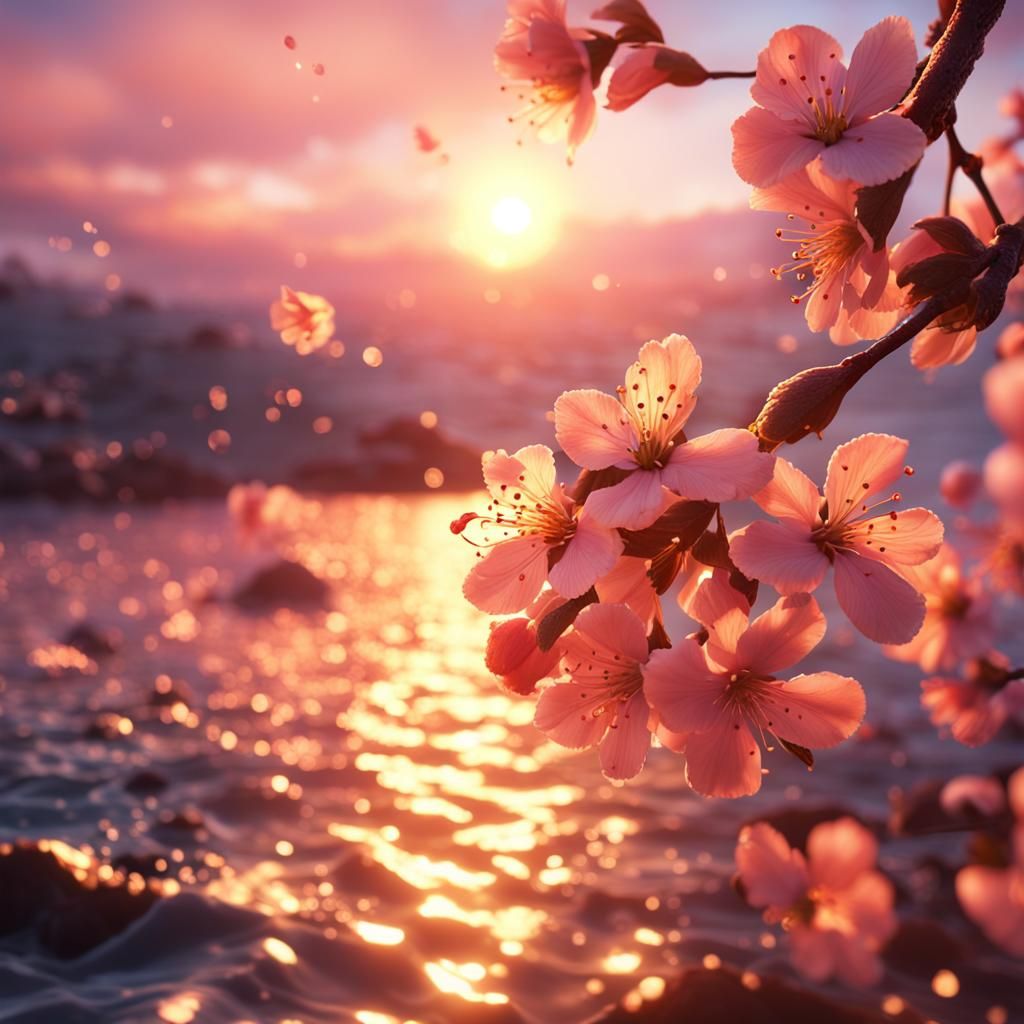 Cherry Blossoms Over Sea at Sunrise in Detailed Painting