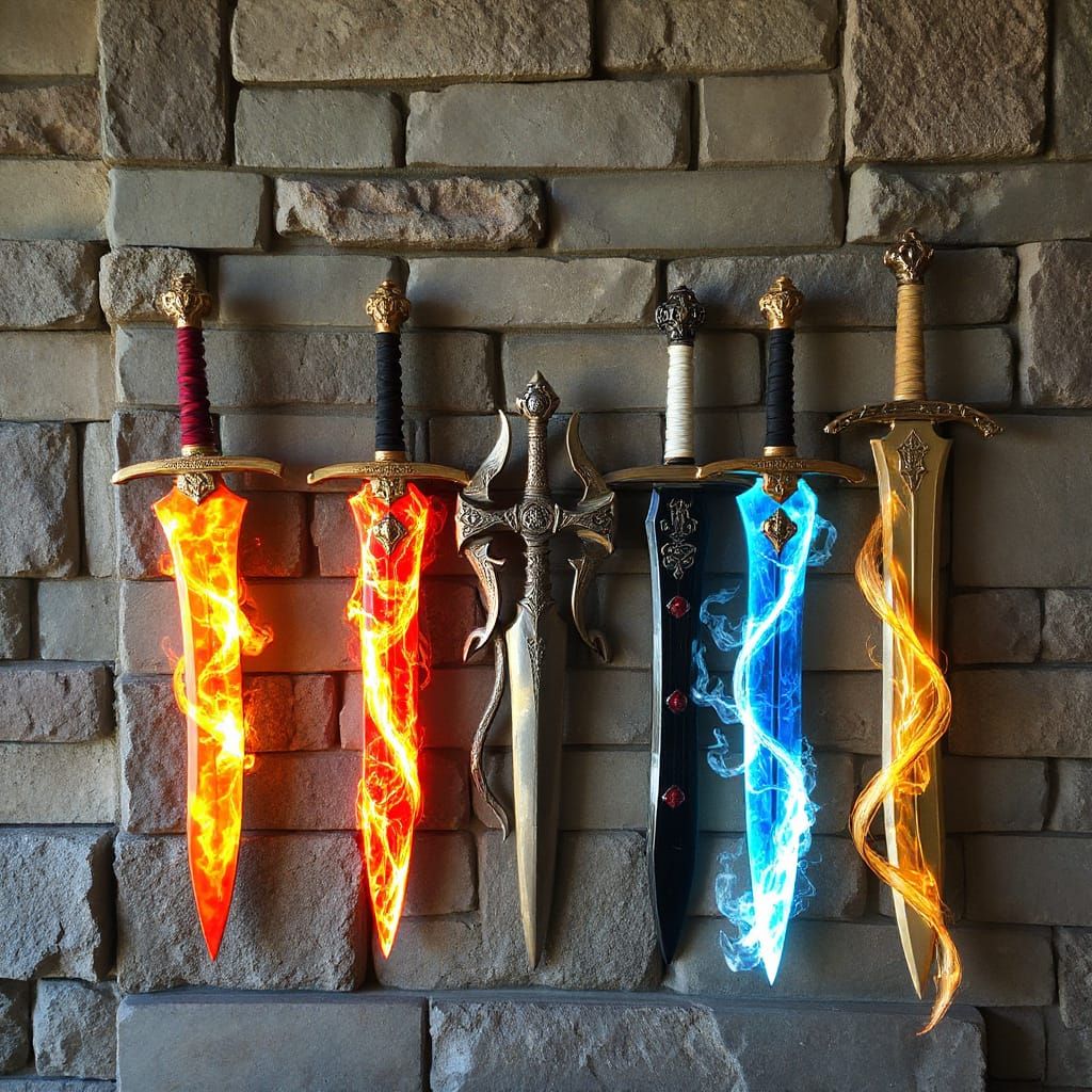 Swords of Elemental Fury in Ancient Stone Wall Arrangement