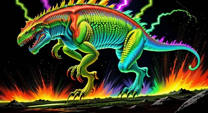 Psychedelic T-Rex Lizard Humanoid with Explosive Energy