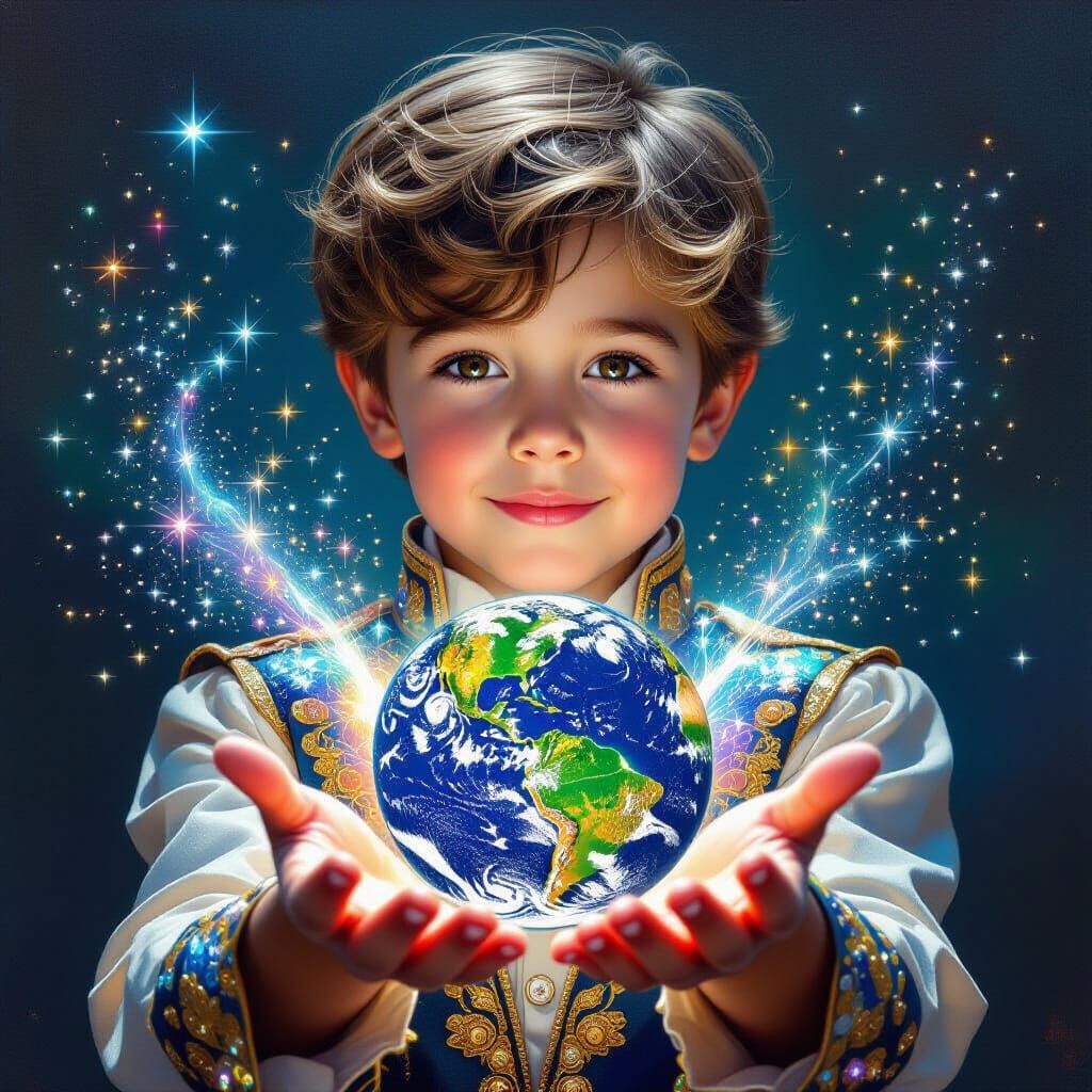 Boy Creates World with Magic Dust: Oil Painting