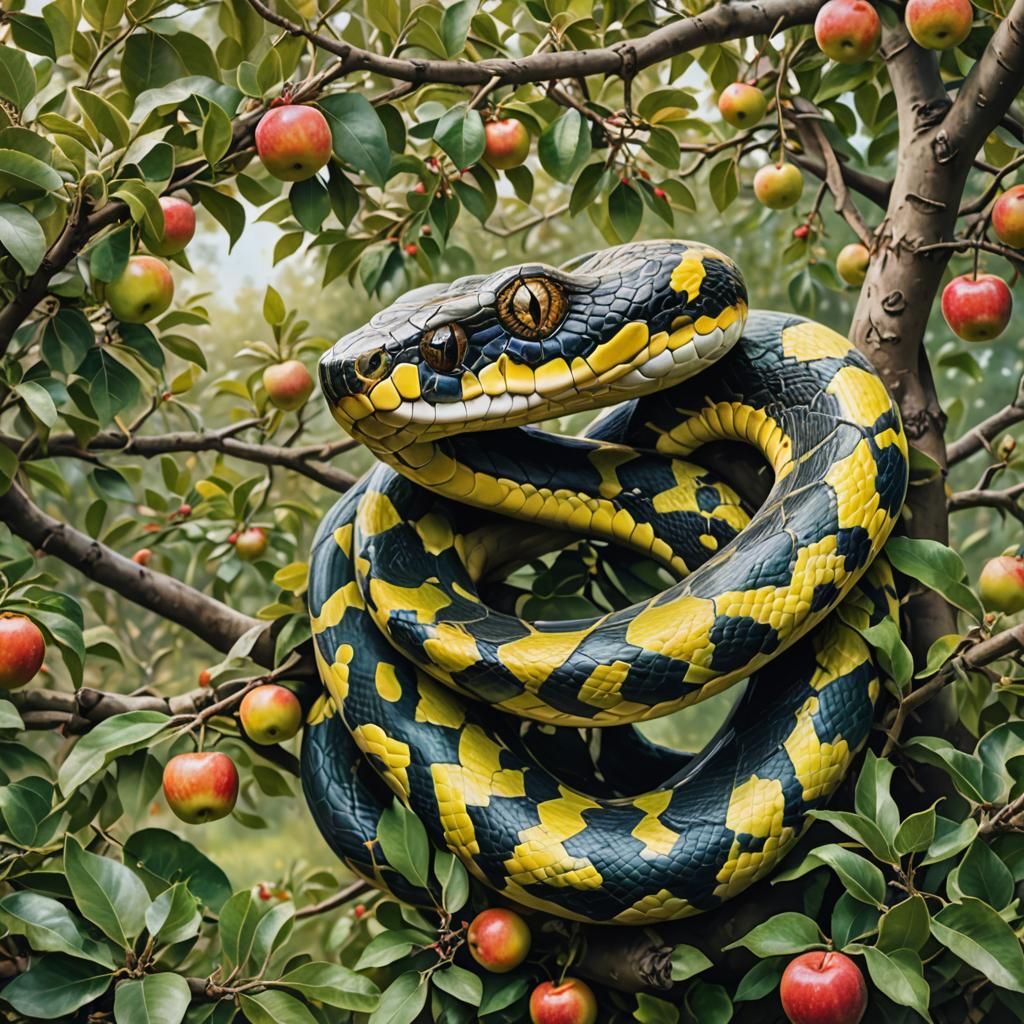 Snake in Apple Tree, Vivid Painting Style