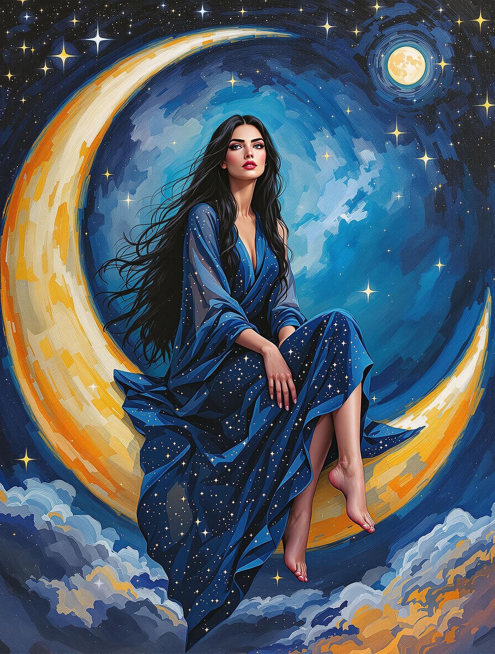 Norse Goddess on Vibrant Crescent Moon