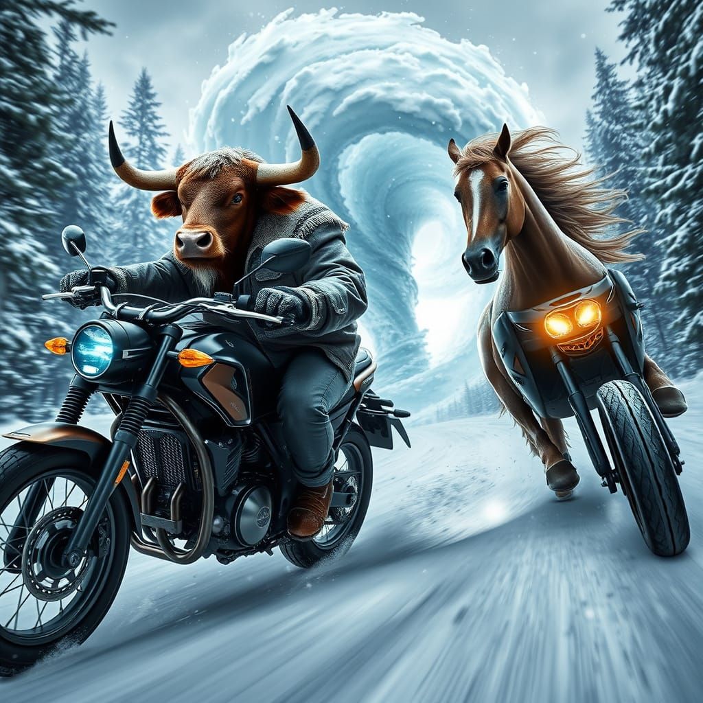 Powerful Bull and Majestic Horse Speed Down Snowy Forest Roa...