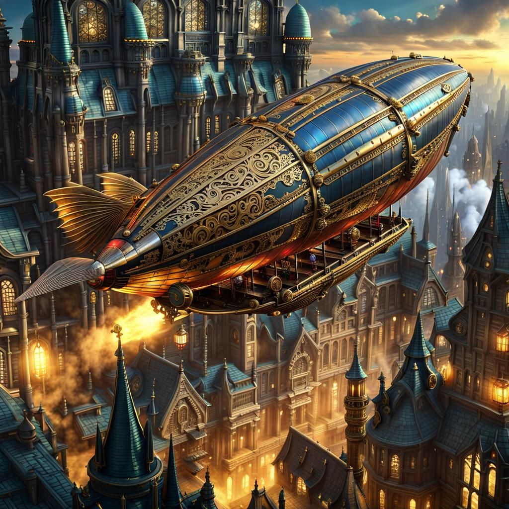Steampunk Zeppelin Over Cyberpunk Gothic City
