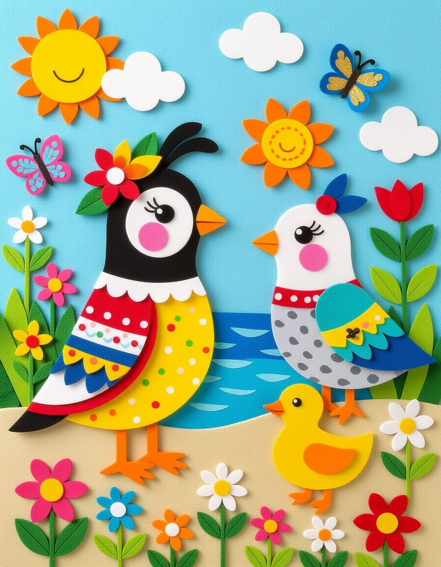 Felt Art Quail Enjoying Beach Holidays with Butterflies and ...