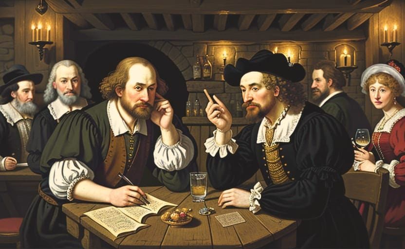 Lively Debate at the Mermaid Tavern: An Oil Painting