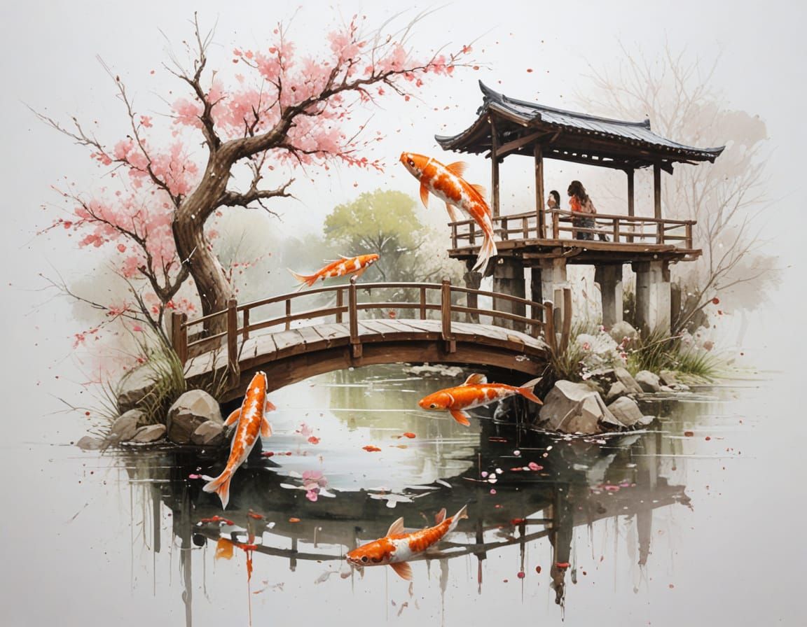 Peaceful Japanese Garden With Koi Pond and Blossoms