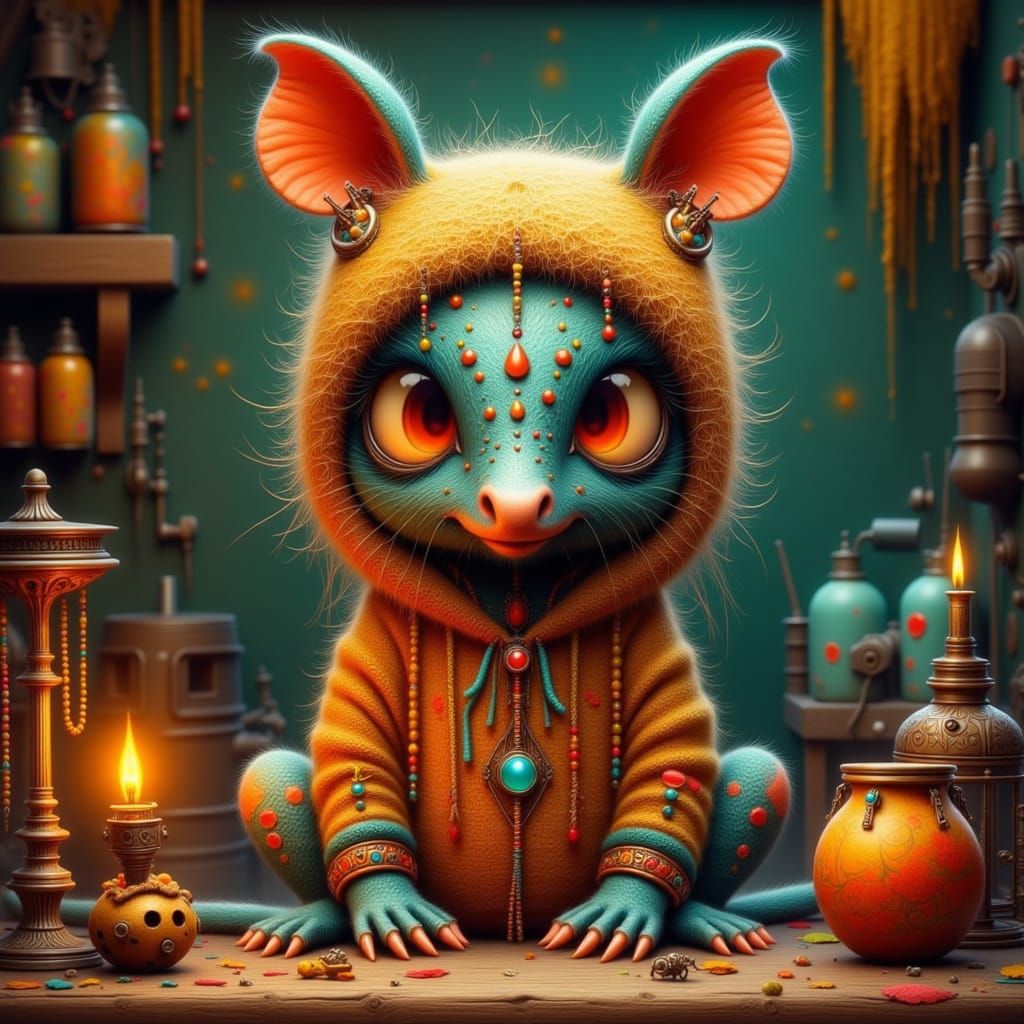 Retro-Futuristic Voodoo Opossum Doll with Arcane Tools