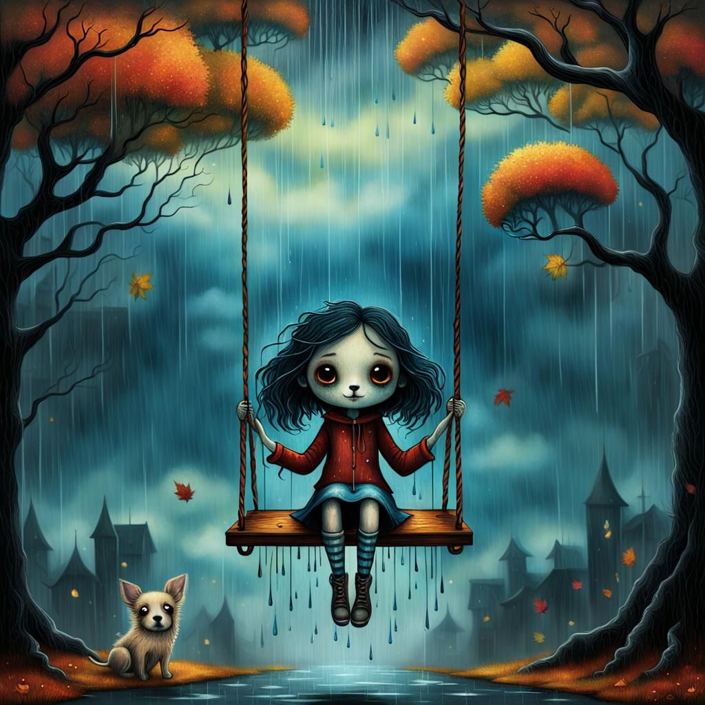Girl with Puppy Swinging in Rainy Autumn