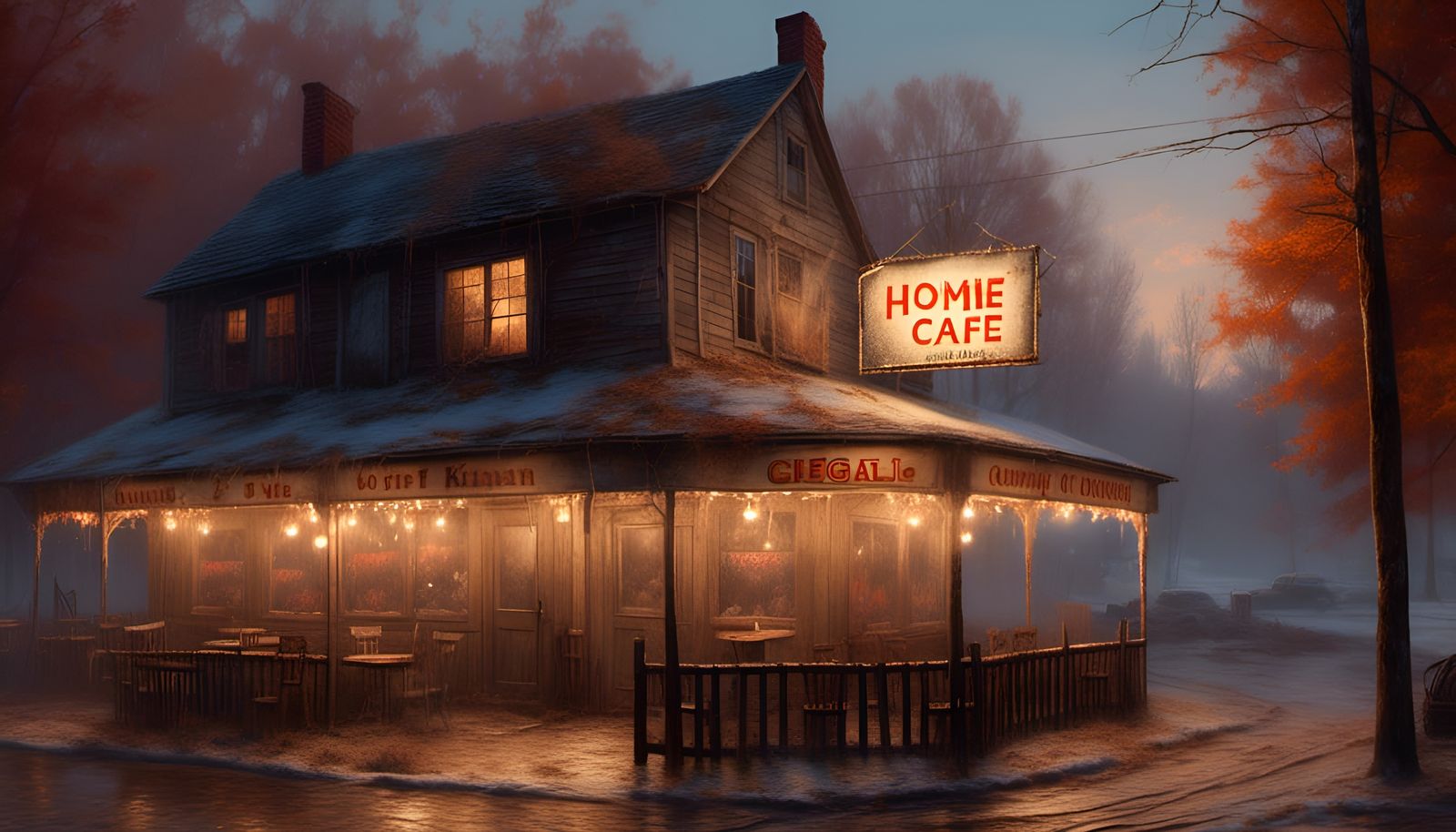 Rustic Cafe in Thomas Kinkade Golden Hour Style