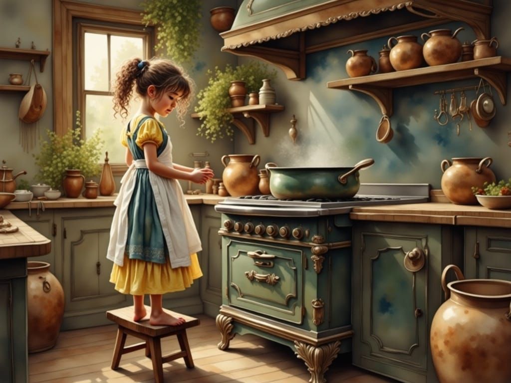 Girl Cooking Pudding in Antique Watercolor Style