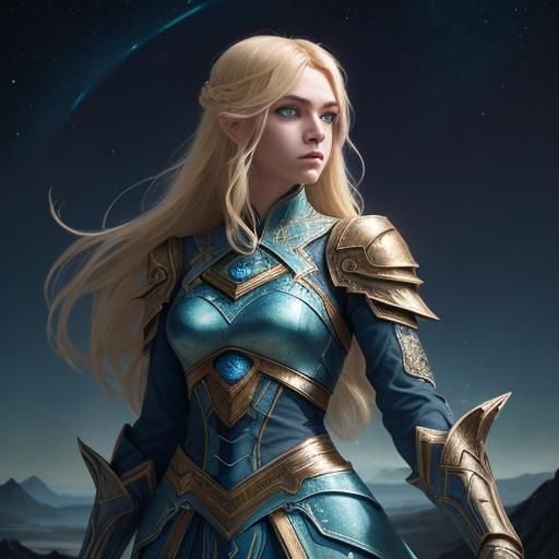 Young Heroine Under Constellation Sky, Fantasy Art