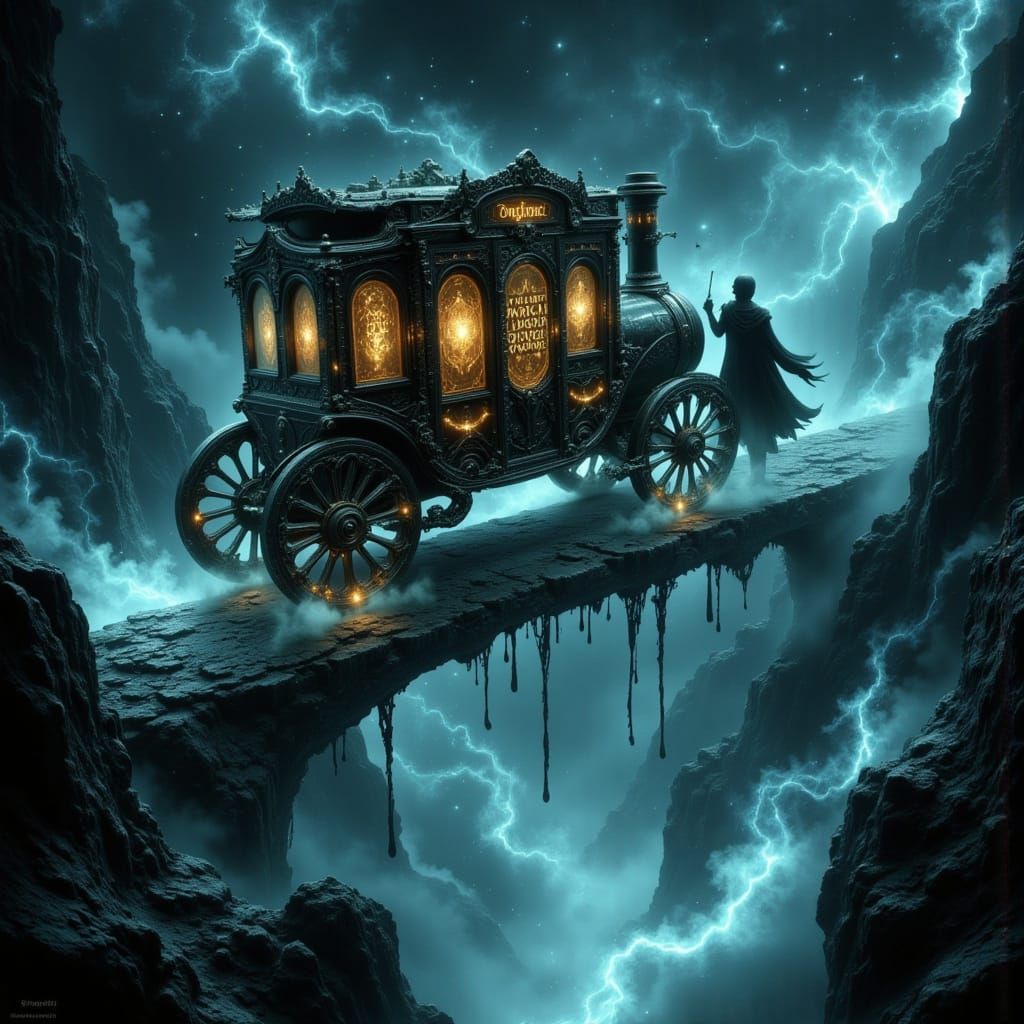 A fantastical carriage, crafted from polished obsidian and a...