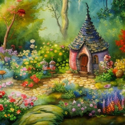 Impressionist Fairy Garden in Gouache Style