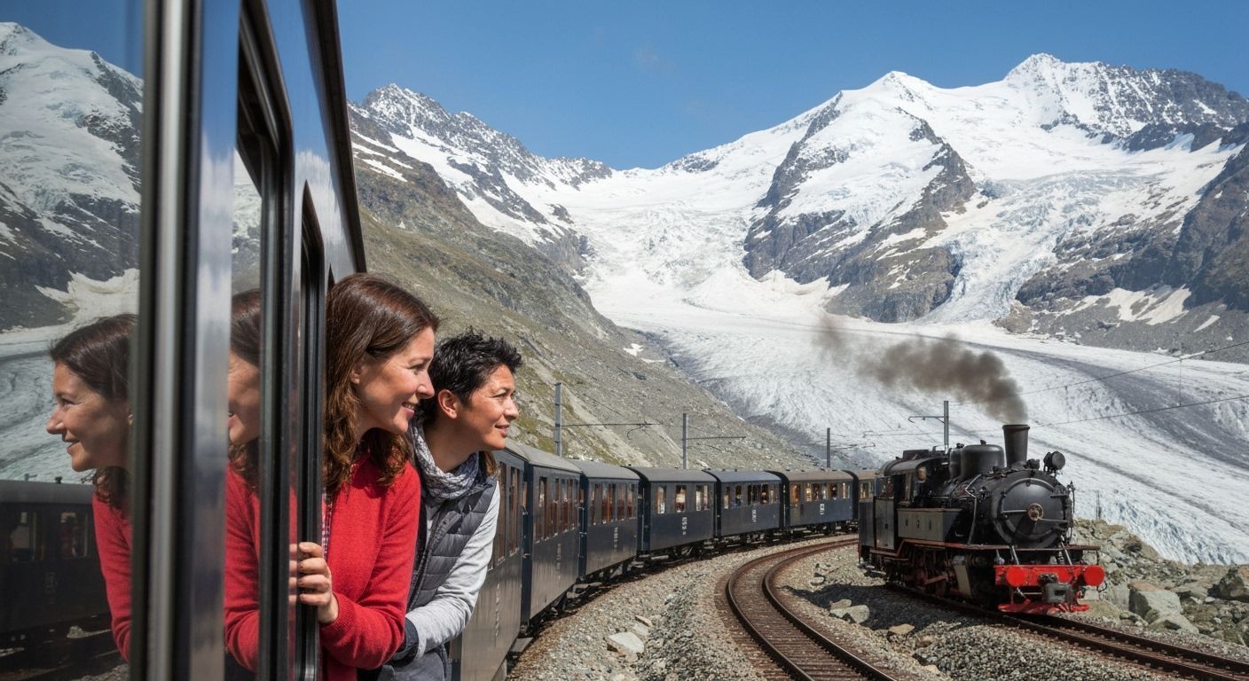 Couple Marvels at Snowy Swiss Alps from Panoramic Train