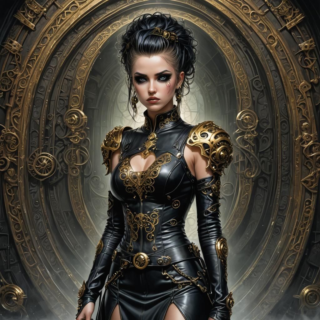 Cute Punk Woman in Leather, Fantasy Art