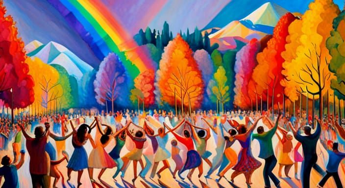 Rainbow Over Joyful Parade in Abstract Style