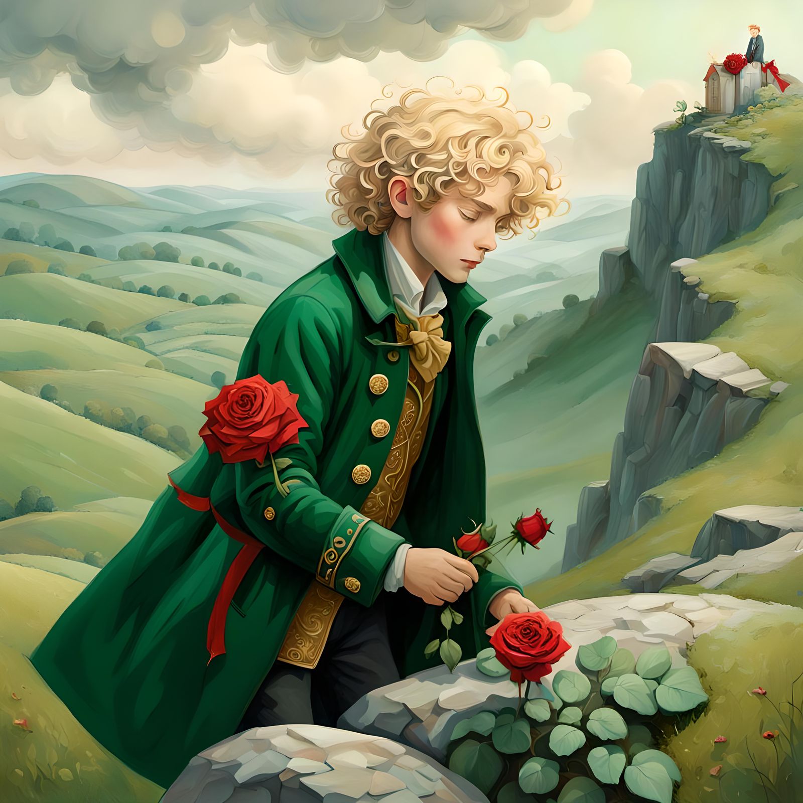 The image is a digital illustration of a young boy with blonde curly hair, wearing a green coat with gold buttons and a ...
