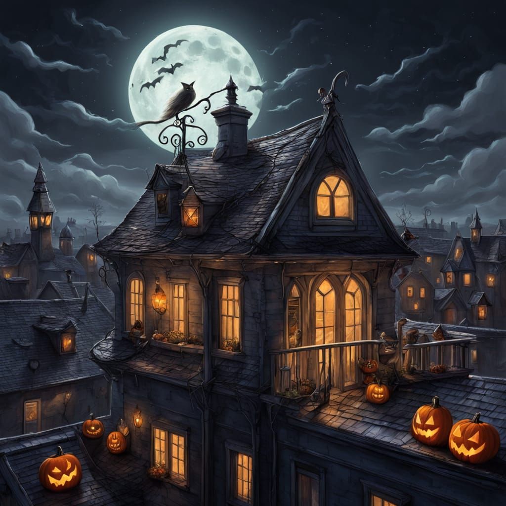 Whimsical Halloween Character on Rooftop in Tim Burton Style