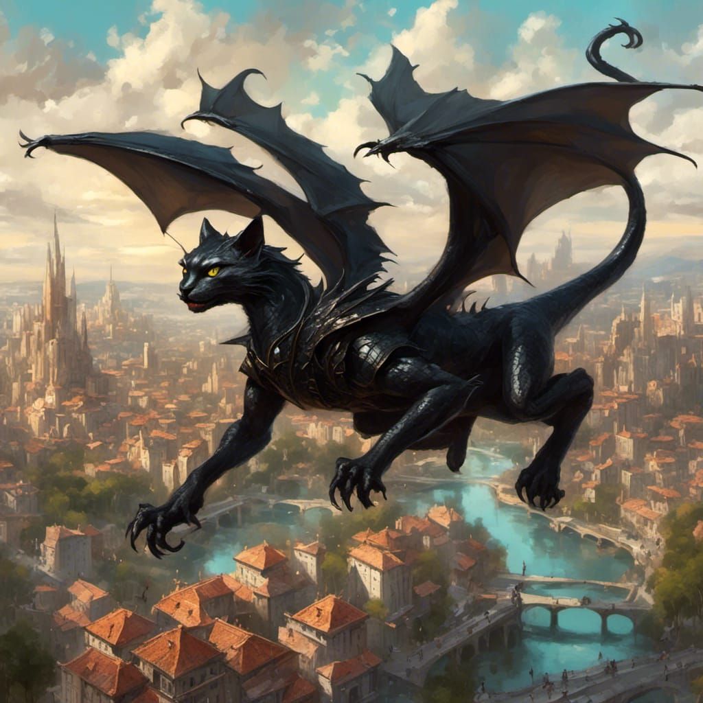 Black Dragon Cat Soars Over Fantasy City