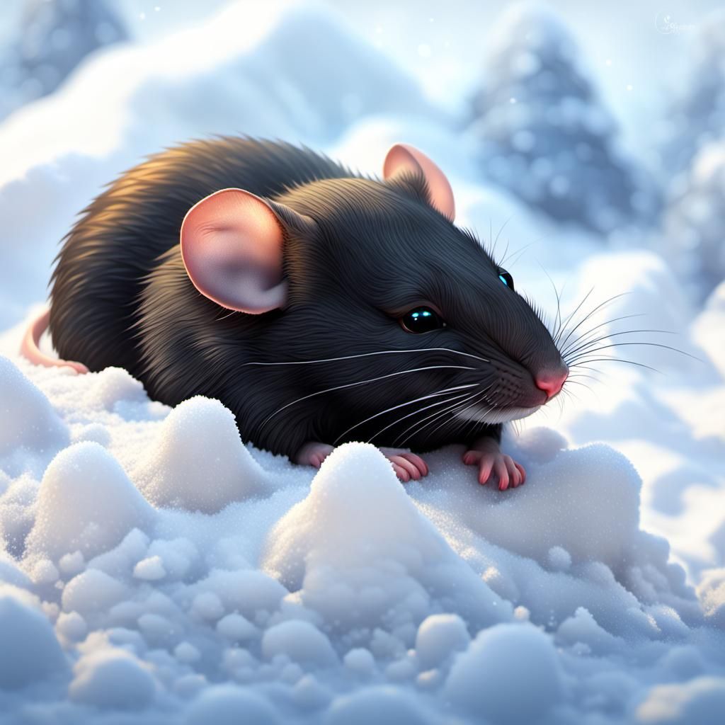 Sleeping Black Mouse Portrait in Snow, Detailed Art