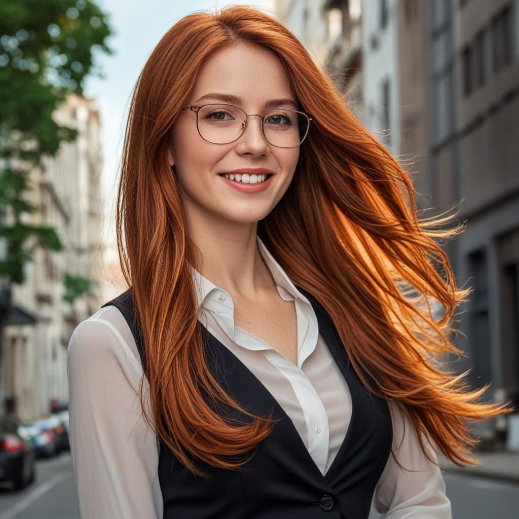 Hyperrealistic Portrait of a Smiling Auburn-Haired Woman