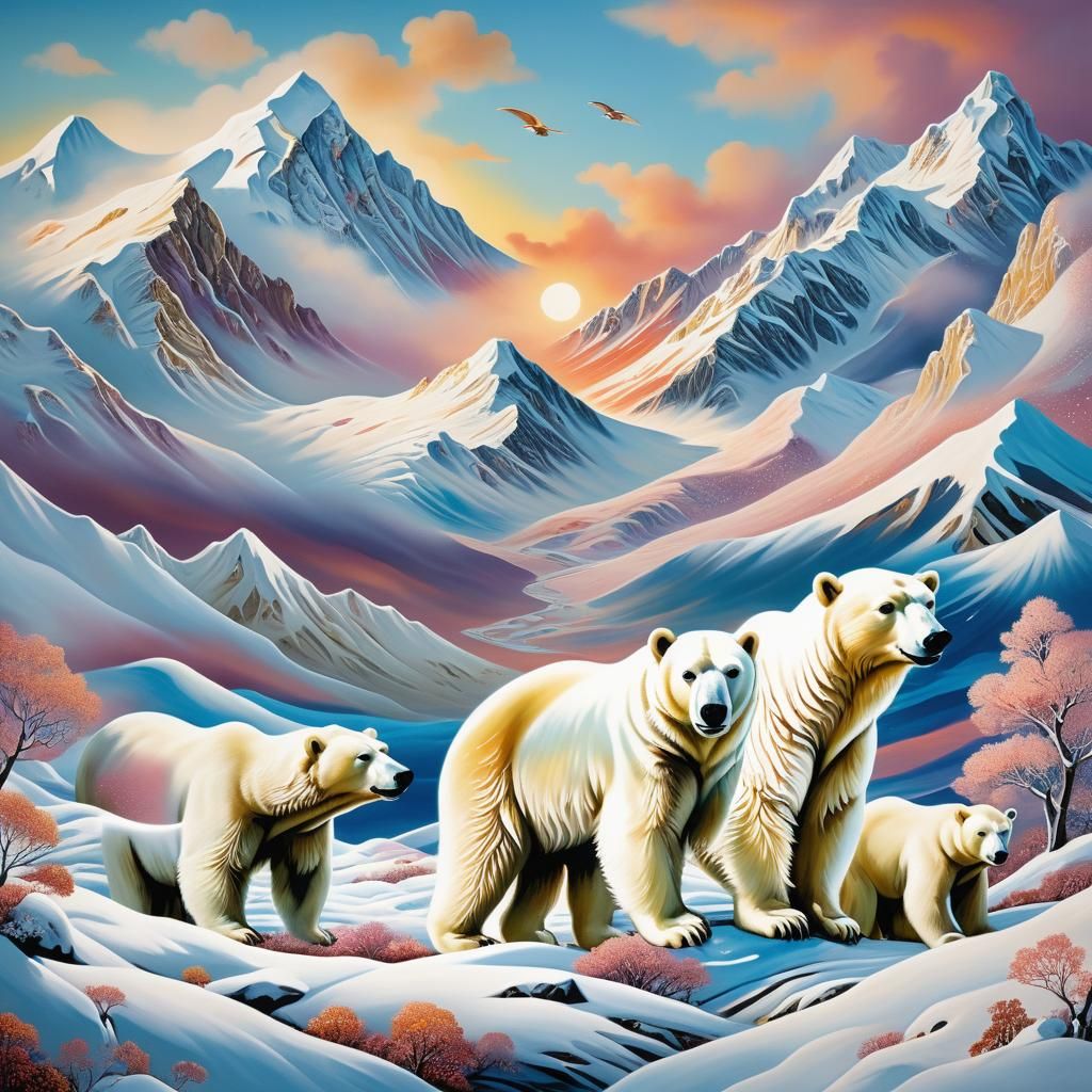 Surreal Snowscape with Polar Bears in Dreamlike Style