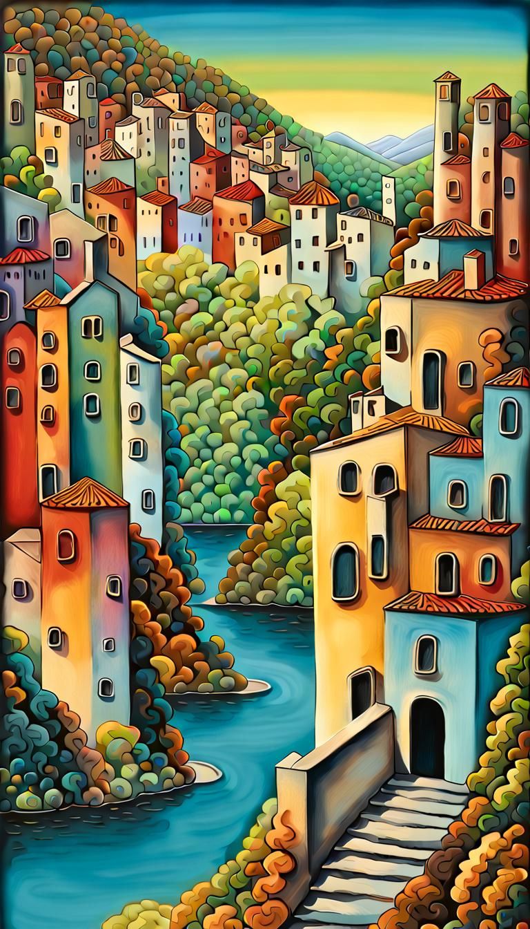 Surreal Italian Hill Town in 3D, Escher and Dali Style