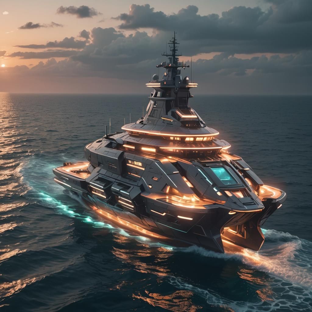 Futuristic Ship Sailing on Glowing Ocean