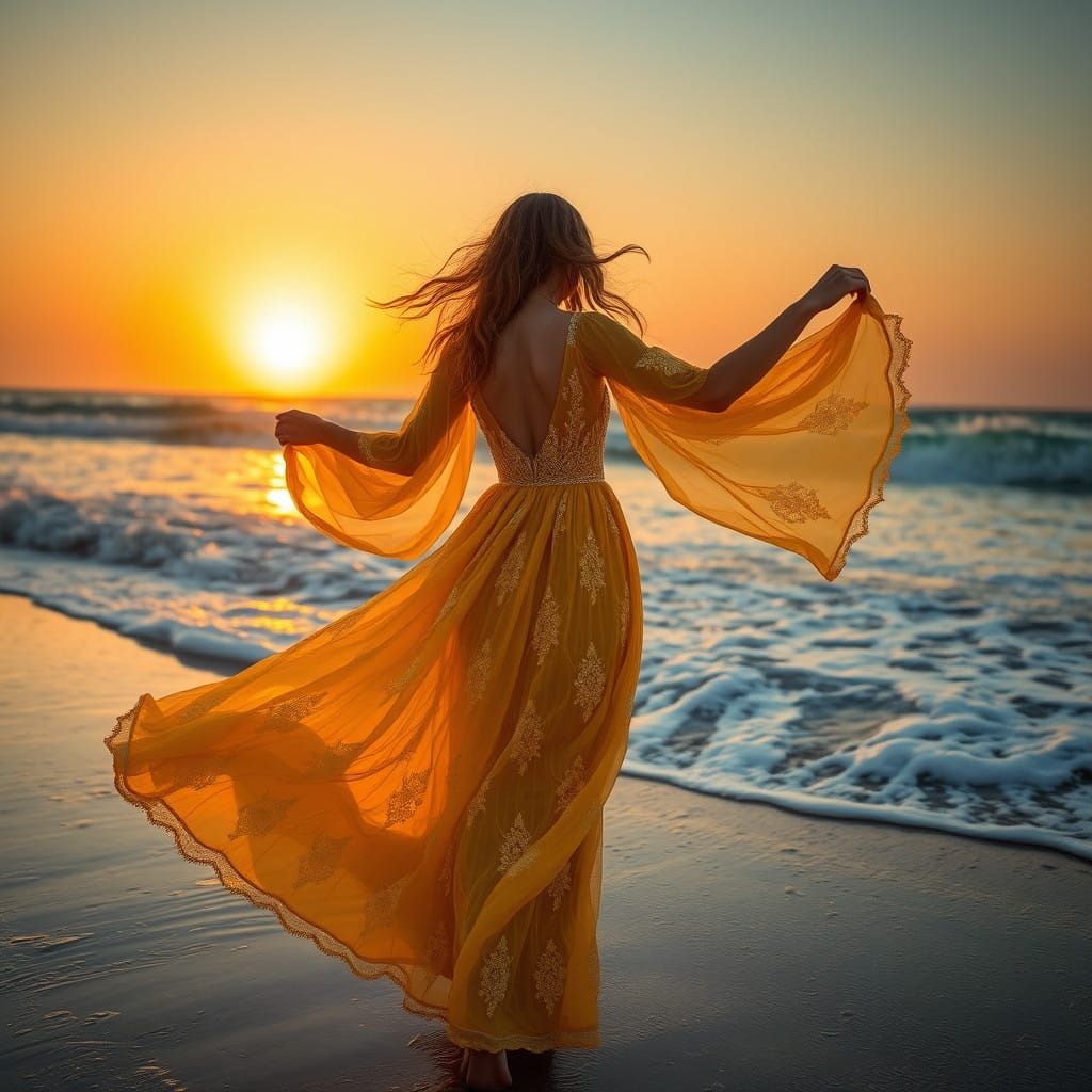 Golden Goddess Dancing Along Sunset Beach
