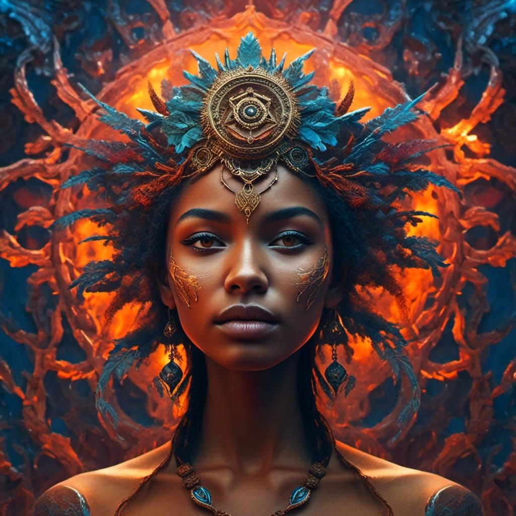 portrait of a tan skin woman <lora:Ethereal Fantasy:1.0> haunting Beauty intricate detailed Halo filigree vivid colors e...