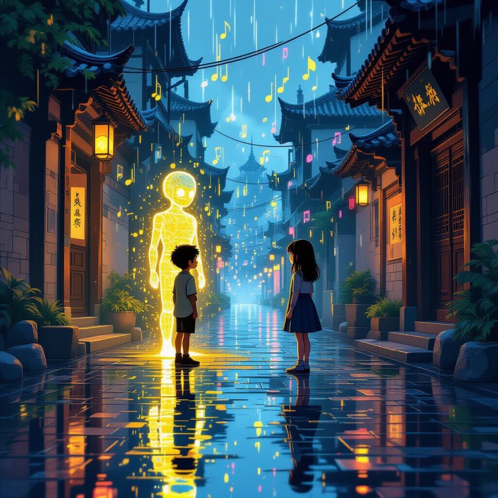 AI Boy Silhouette Befriends Girl in Luminous Ancient City