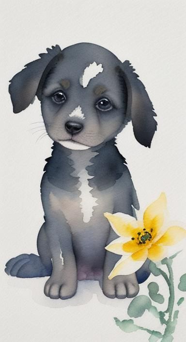 Cute Puppy and Flower in Ink and Watercolor