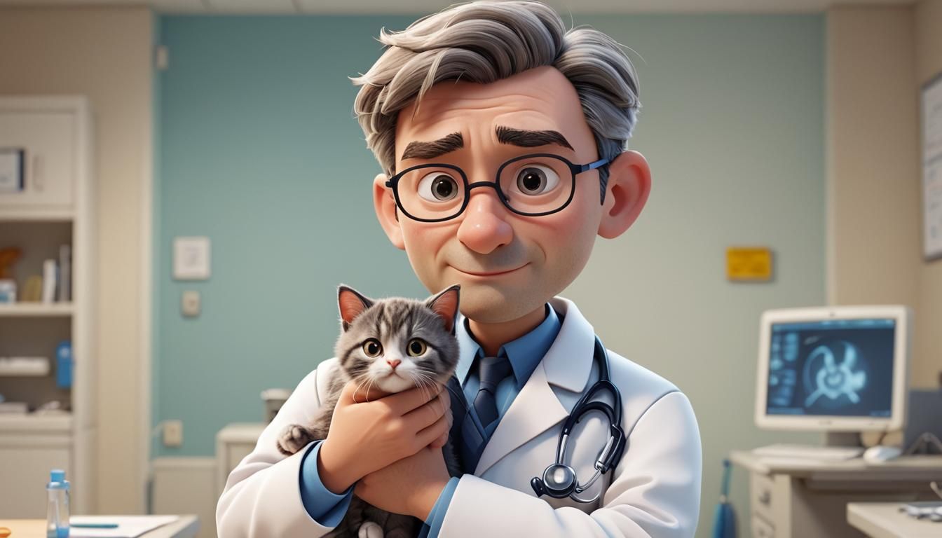 Concerned Vet Holding Kitten: Pixar-Style 3D Cartoon