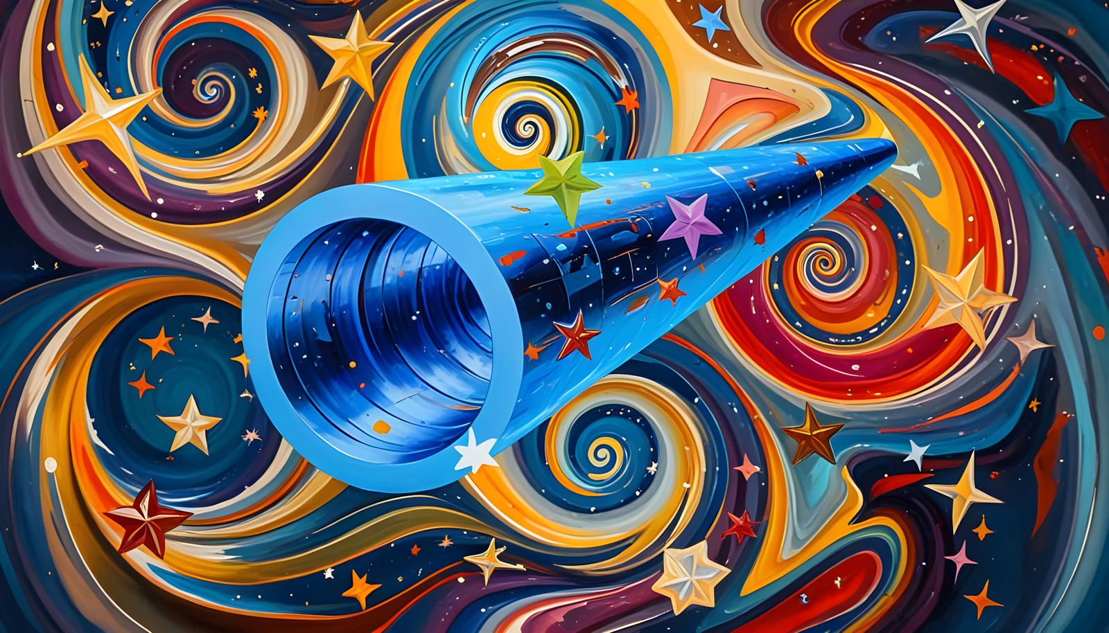 Reflective Cylinder Mirroring a Colorful Starry Cosmos