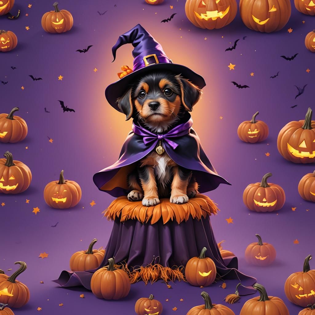 Halloween Puppy in Witch Costume: 3D Digital Art
