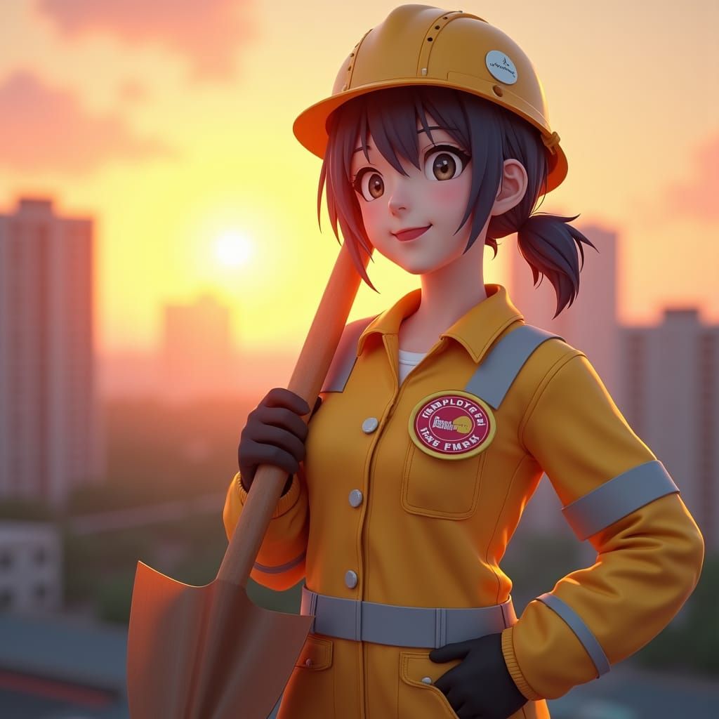 Proud Construction Worker in Anime Art Style