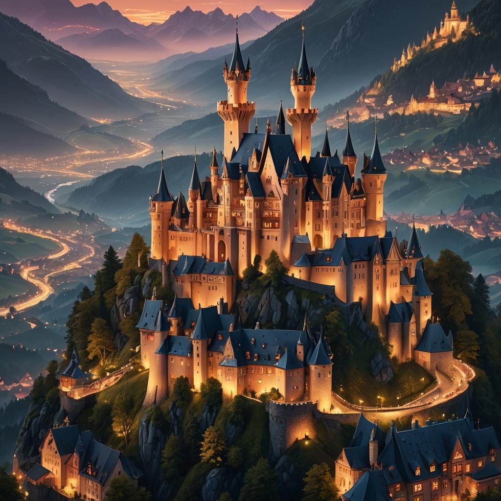 Futuristic Bavarian Castle Floating Above Rolling Hills